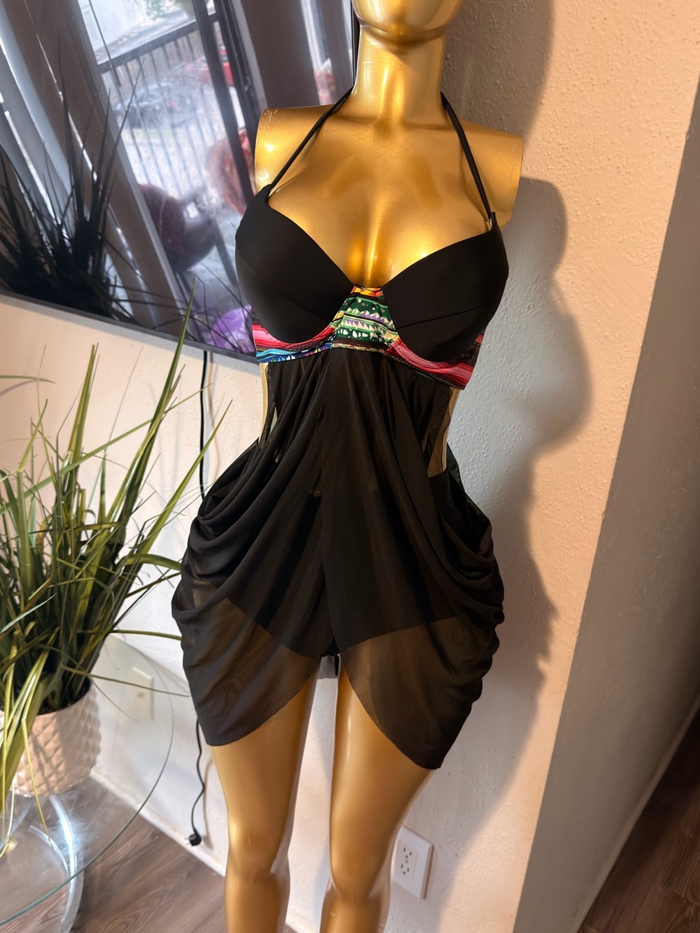 Black Halter Swimdress with Colorful Trim